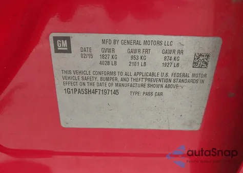 2015 Chevrolet Cruze Ls Auto z USA, uszkodzony, nr VIN 1G1PA5SH4F7197145